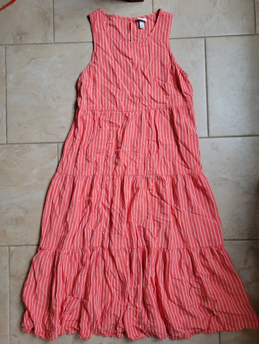 A New Day Sleeveless Coral And White Stripe Tiered Maxi Dress-XS